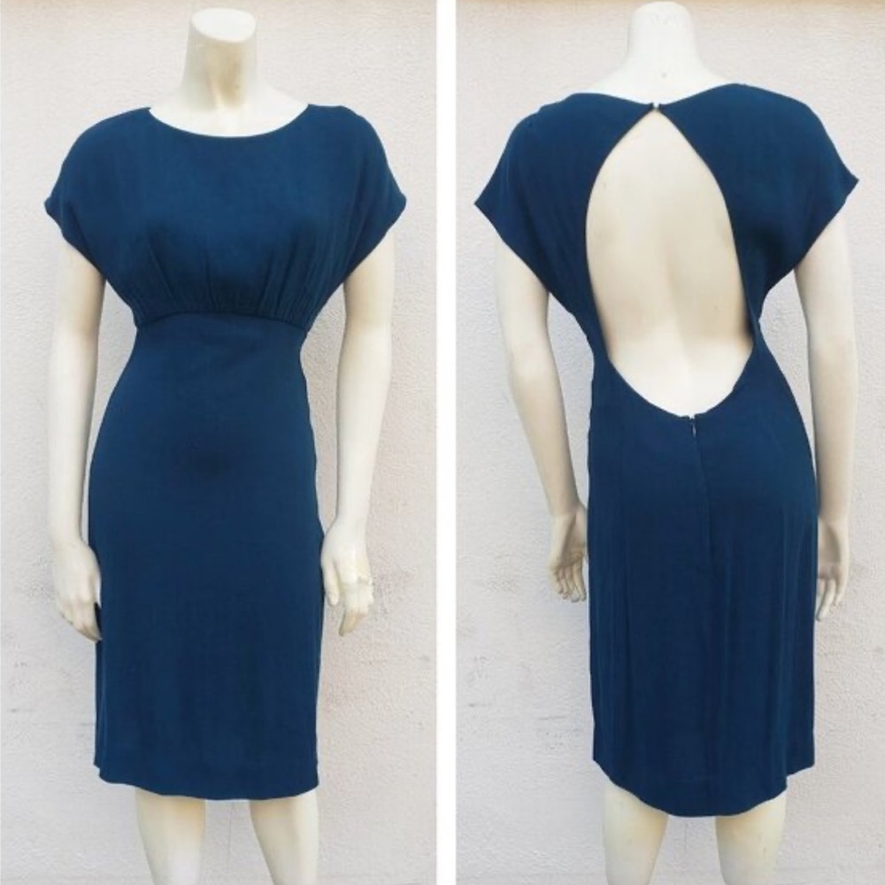L'AGENCE Dark Teal Blue Crepe Short Cap Dolman Sleeve Open Back Midi Dress Sz 6